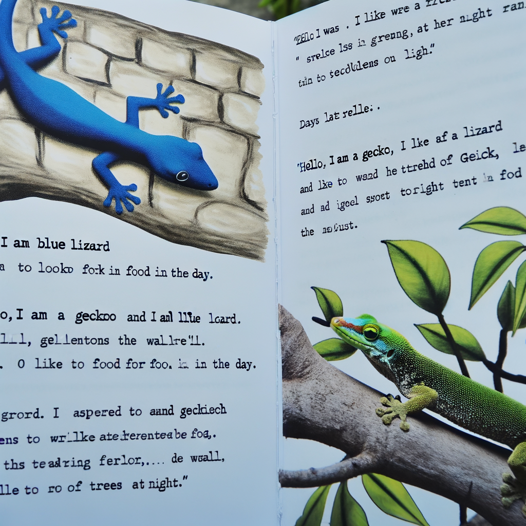 The following story unfolds: A Blue Lizard and A Gecko. One evening, a blue lizard was crawling on a tree branch. Suddenly, the lizard spotted a gecko crawling on the wall of a house. The lizard thought to itself, 'Oh, a new friend!'. The lizard greeted 'Hello, I am a Blue Lizard. I like to look for food in the day.' 'Hello, I am a Gecko, I like to forage for food at night.', replied the gecko. Both friends found interest in each other's way of life and proposed to switch places. The lizard wanted to climb walls to find food and the gecko aspired to forage in trees and bushes. Days later, both return to their traditional ways after realizing their limitations. The Blue Lizard savored daytime foraging and the Gecko enjoyed his nocturnal food hunts. They often meet and share their life experiences.