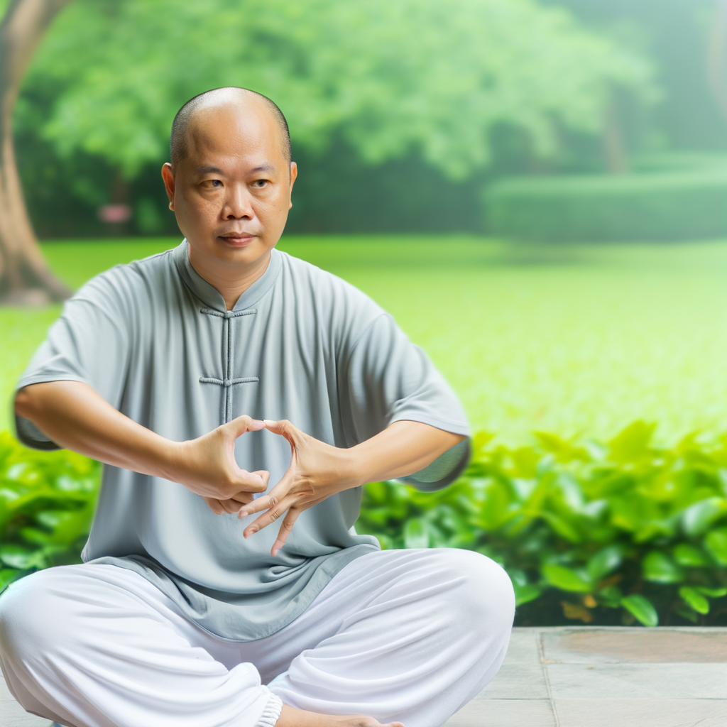 Create an image of a person practicing Qigong, a traditional Chinese exercise. The person can be of South Asian descent, wearing comfortable attire suitable for exercise, such as loose-fitting pants and a shirt. The individual should be sitting in a serene outdoor setting, perhaps a peaceful park or garden with lush greenery. They should exhibit a calm and focused expression, their hands possibly forming an energy ball, a common posture in Qigong practice.