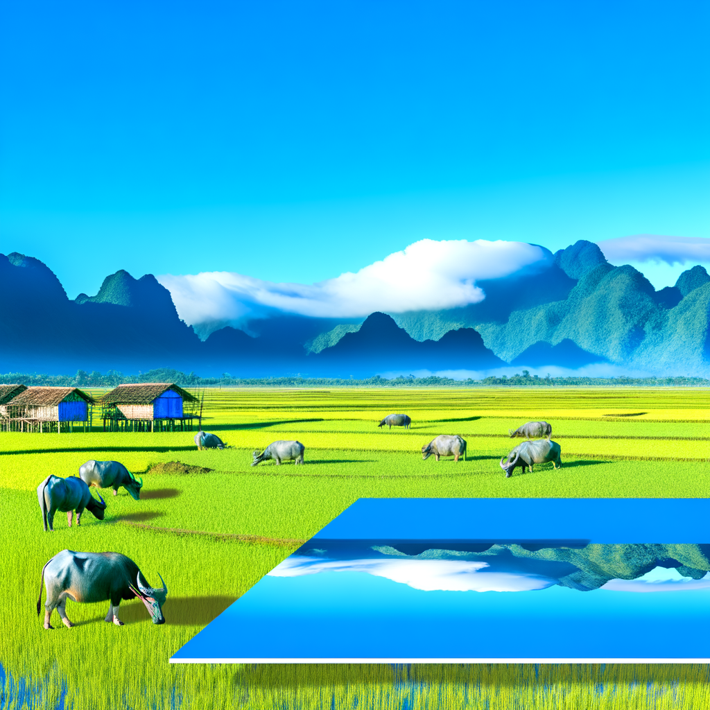 Create an image of a Vietnamese countryside scene. Visualize verdant rice paddies stretching on for miles, dotted with traditional stilt houses. Water buffaloes dot the landscape, lazily grazing under a radiant blue sky. Everything is framed by a backdrop of majestic mountain ranges shrouded in mist.