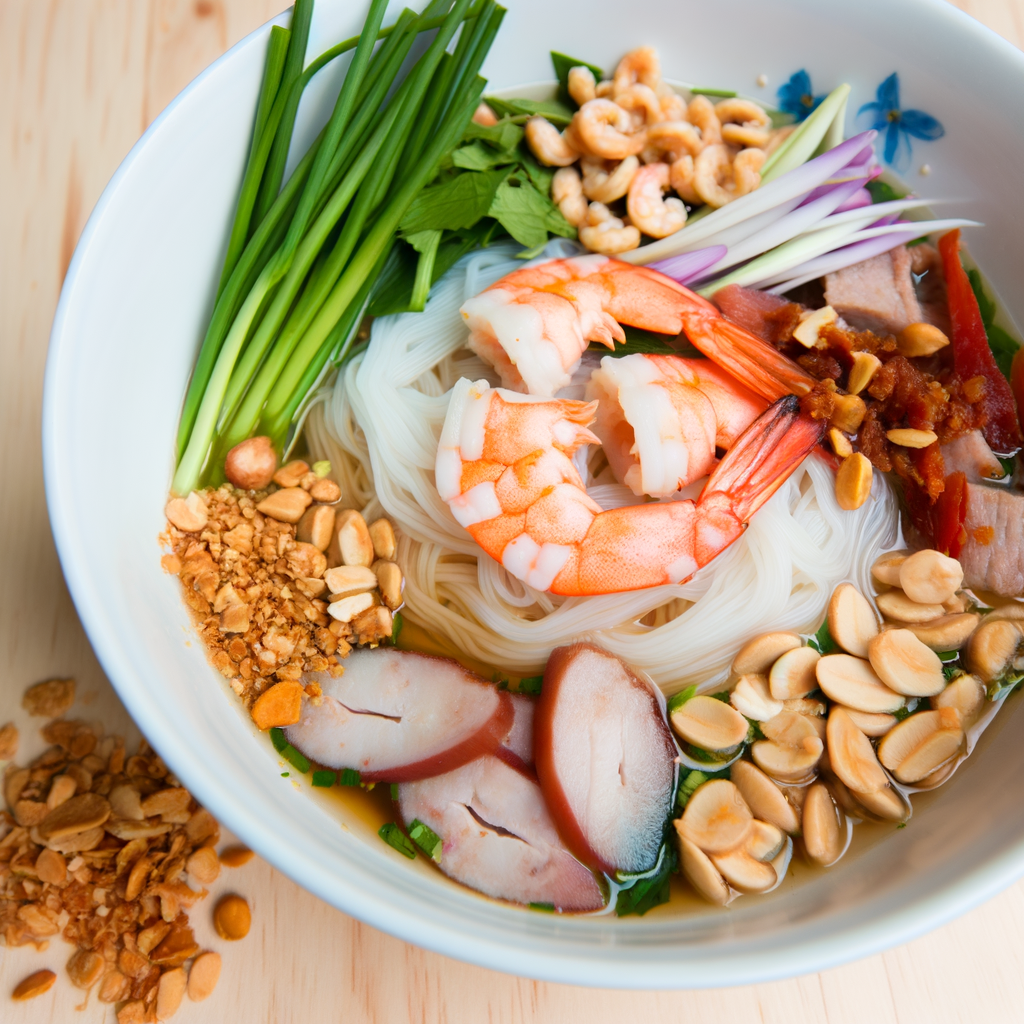 Draw an image of Quang Nam's Mi Quang, a traditional Vietnamese dish made from thick rice noodles, topped with shrimp, pork, peanuts, and served with various fresh herbs and a side of broth.