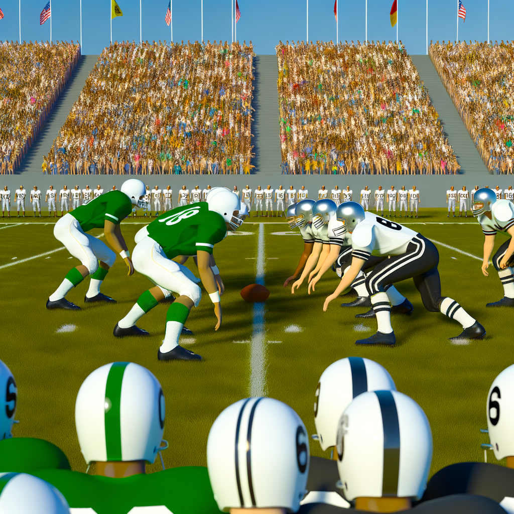 Render an illustration of a 1968 football game between two American football teams, one team in green and white uniforms and the other in black and silver uniforms. The game is happening on a grass field with spectator stands packed with excited fans. Please include details of the 1960s style uniforms, helmets and footballs.