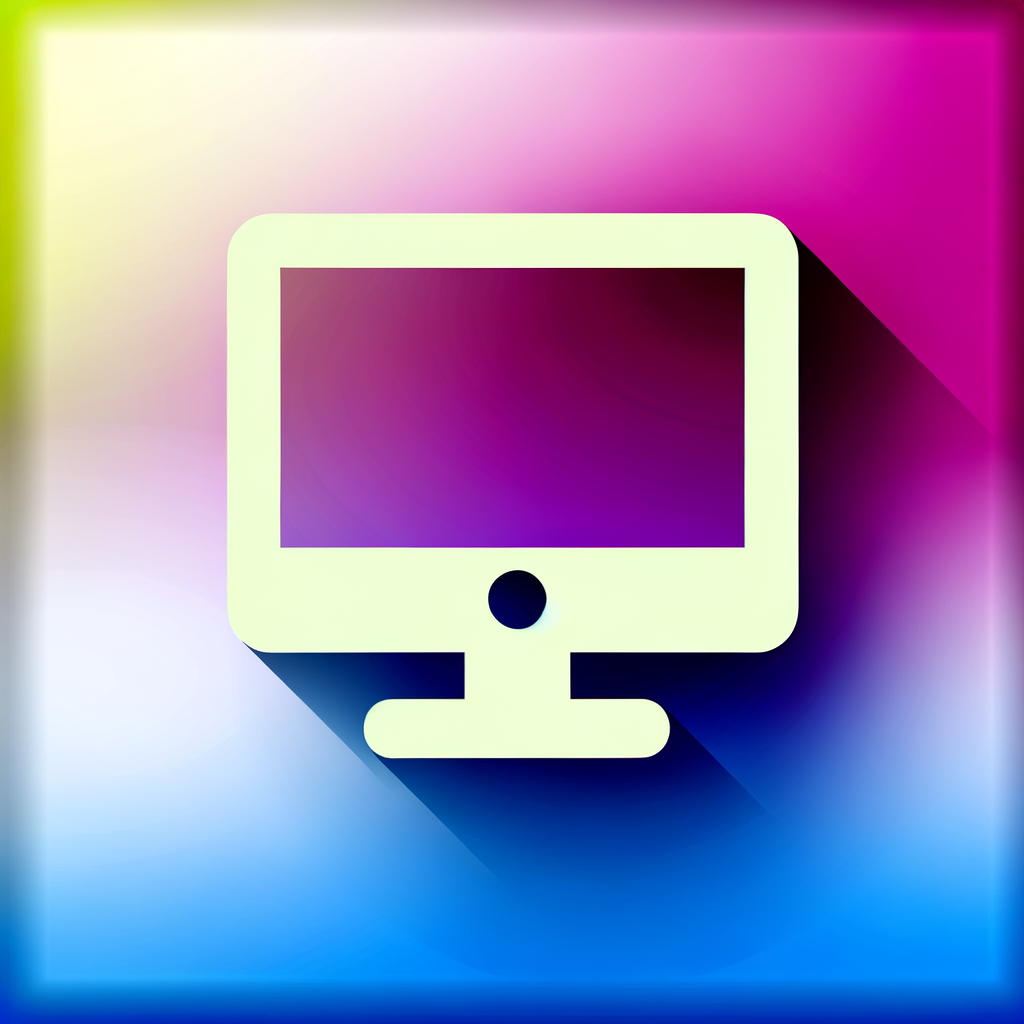 Create an image of a default computer preview icon. This image should feature a simplified flat design of a computer screen with a mix of bright and neutral colours. The screen of the computer would be glowing and it should be centred with a smooth gradient background. Please also include a small hint of 3D shadow effect under the computer to give it a more distinguished and realistic look.