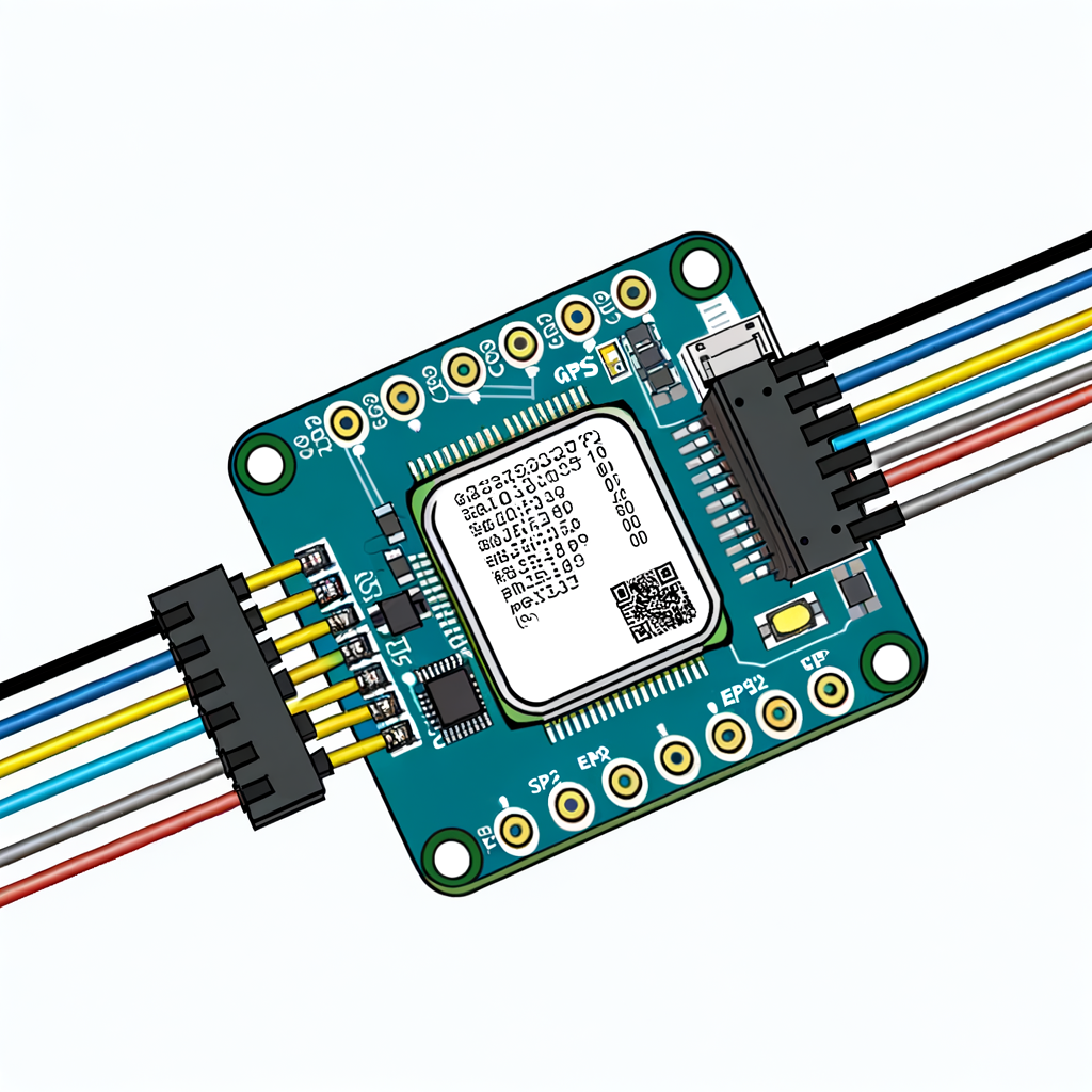 Create an image depicting the connection of a GPS module board with an ESP32 board. The illustration should showcase detailed wiring between the boards, highlighting the serial communication pins and the power supply connections. Ensure a clear view of the GPS and ESP32 boards, emphasizing the layout of the input/output pins.