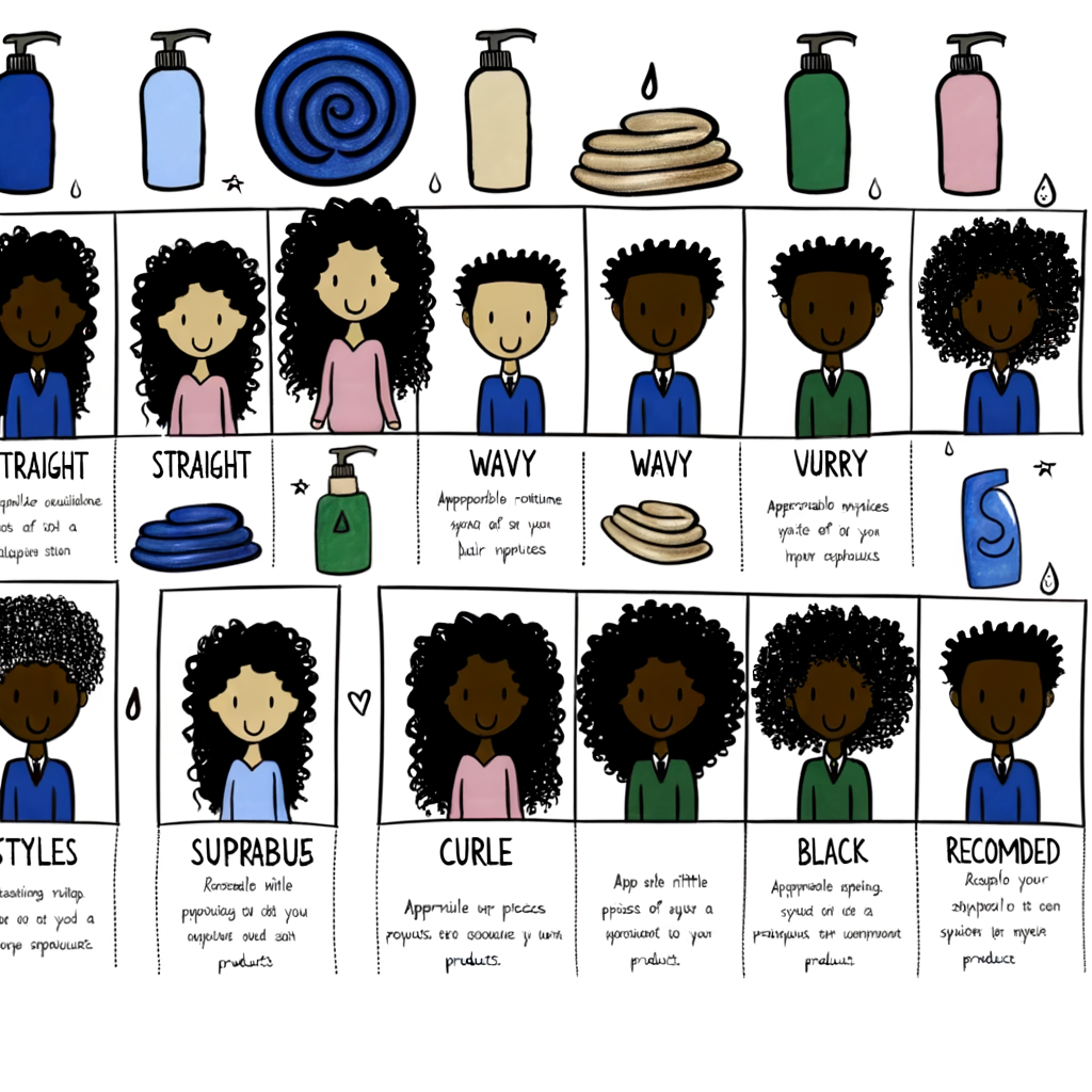 Create an informative image with tips for various hair types. Illustrate a neatly arranged rows of drawings, each representing different hair types such as straight, wavy, curly and coily. For each hair type, include helpful pieces of advice like appropriate washing routines, suitable products, and recommended styles. Add little diagrams or symbols to visually represent the specific advice given - for example, a tiny bottle for a recommended product. The characters represented in each hair type should range from a Middle-Eastern woman, a Hispanic man, a Caucasian woman, and Black man, respectively, to exhibit diversity in human representations.