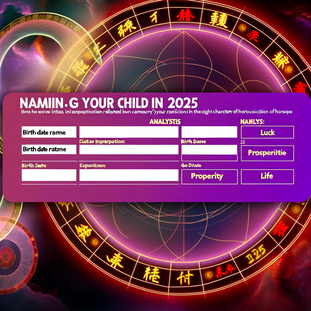 Generate a mystical, spiritual image for a social media post. The theme is 'Naming your Child in 2025' with an emphasis on elements of Feng Shui and geomancy, symbolizing luck, prosperity, and success in life. There should be an analysis or rating section related to birth date interpretation in the eight characters of horoscope. The image should carry an air of mystery and spirituality. The image dimensions should be 1200x640.