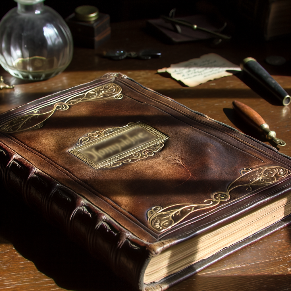 An image of a book closed, its cover elegantly bound in worn leather. The book rests on a table made of dark oak, with sunlight filtering through a nearby window, dancing on its surface. The title of the book is embossed in gold lettering, adding an ancient feel. Around the book, there are small, delicate objects: a vintage ink pen, a glasses case, and a small, brass key. The book tells stories of adventures long forgotten, tales of romance and sorrow, history and fantasy intertwined.